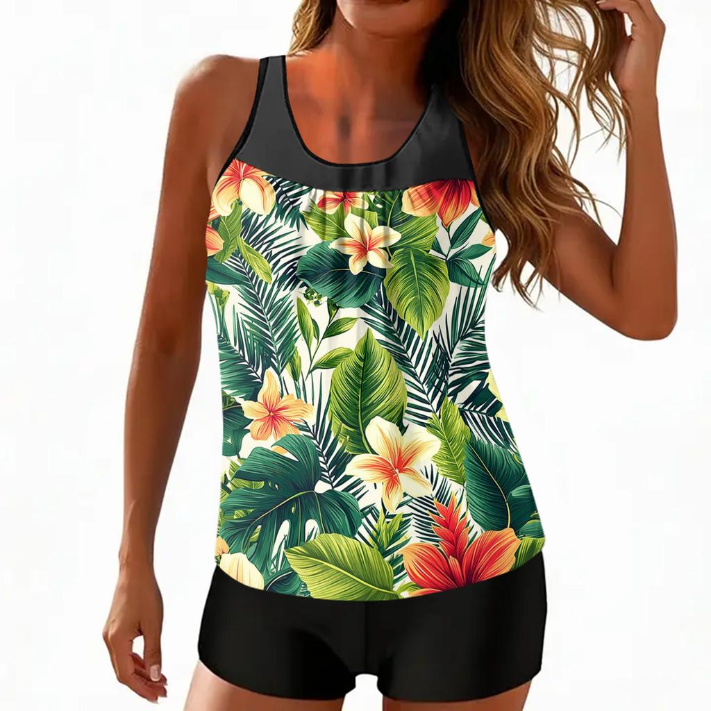 Women’s Tankini Swimsuit Set with Tropical Floral Print and Boyshorts Two Piece Swimwear for Beach Pool Vacation