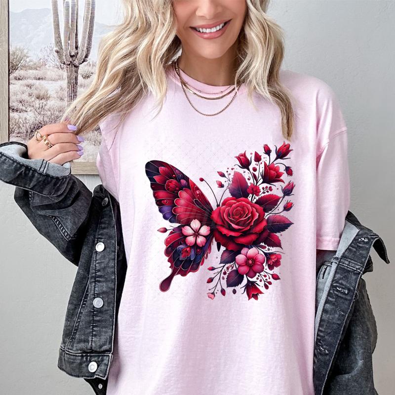 Floral Butterfly Fashion Clothes Summer Spring Flower Tee Ladies Cartoon Clothing Short Sleeve Graphic Women T-shirt Female Top