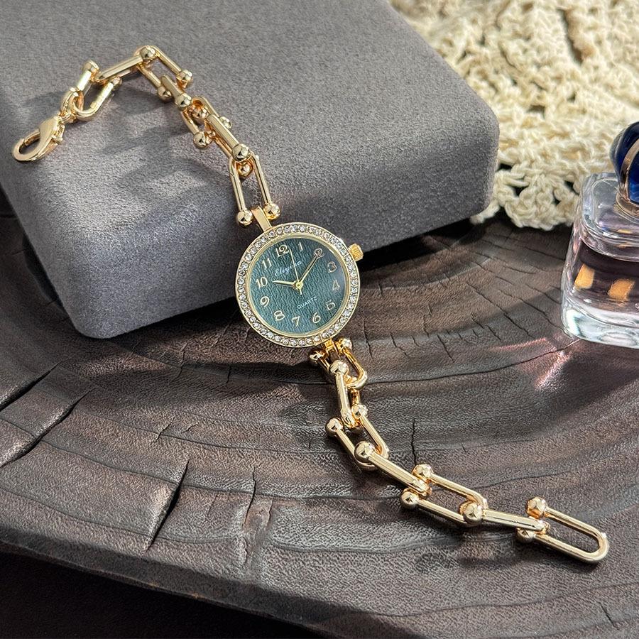 New Women's Luxury Gold Thick Chain Watch with Multi-color Diamond-embellished Dial, Retro Style Bracelet Quartz Wristwatch