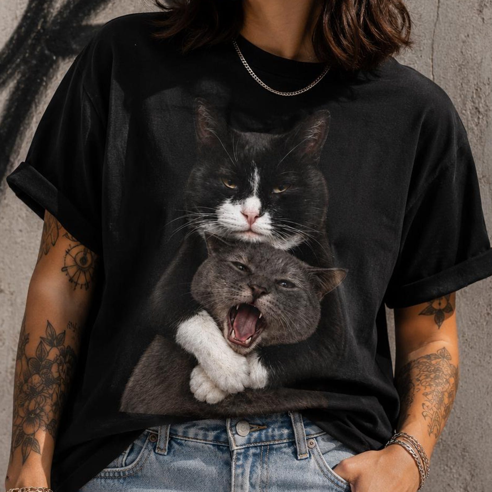 Funny Cat Hug T-Shirt | Unbothered Tuxedo, Screaming Gray Meme Tee S