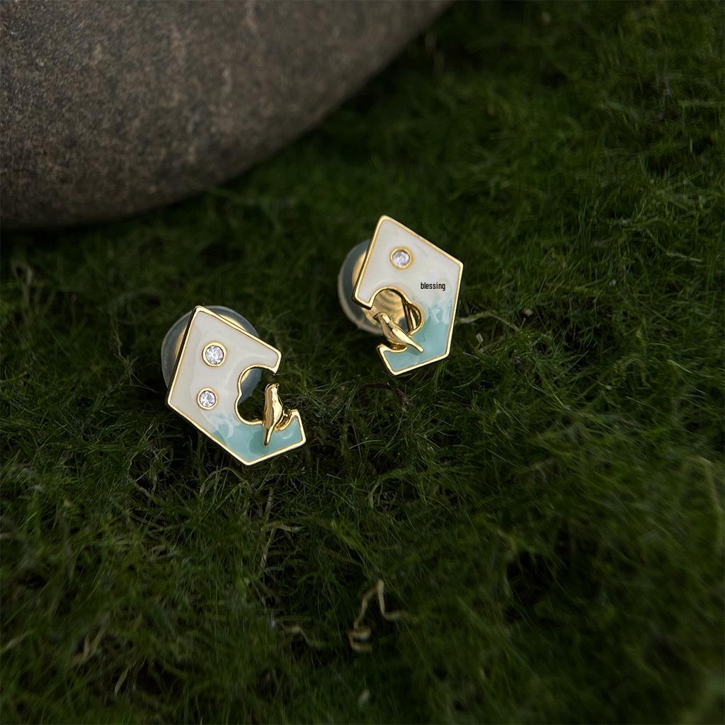 The Bird Collection: Gradient Enamel Zircon Geometric Stud Earrings - Light Luxury Literary Fashion Style