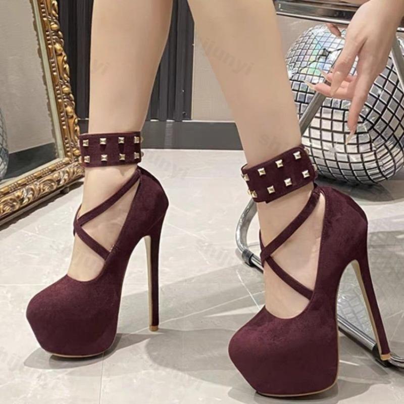 Women High Heel Fashion Metal Rivets Ankle Strap Platform Pumps Sandals Women Wedding Party Sexy Platform Stripper Design Shoes