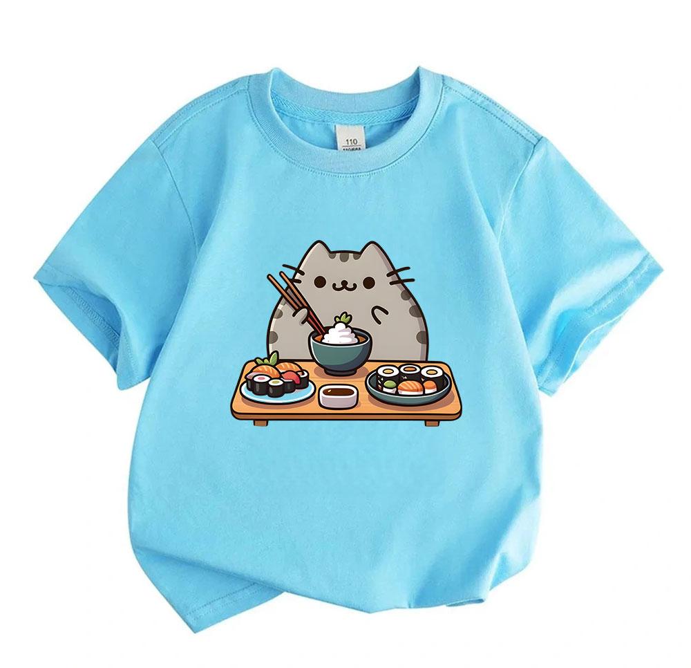 Cute Sushi Cat Print Kids 100% Cotton T-Shirt Boys Girls Crew Neck Short Sleeve Casual Summer Comfortable Pullover Tops Kawaii Food Animal Pattern Tee
