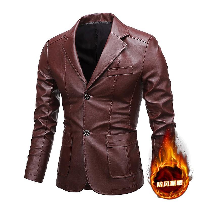 Mens PU Leather Jacket With Notched Lapel Casual Slim Fit Blazer Style Outerwear