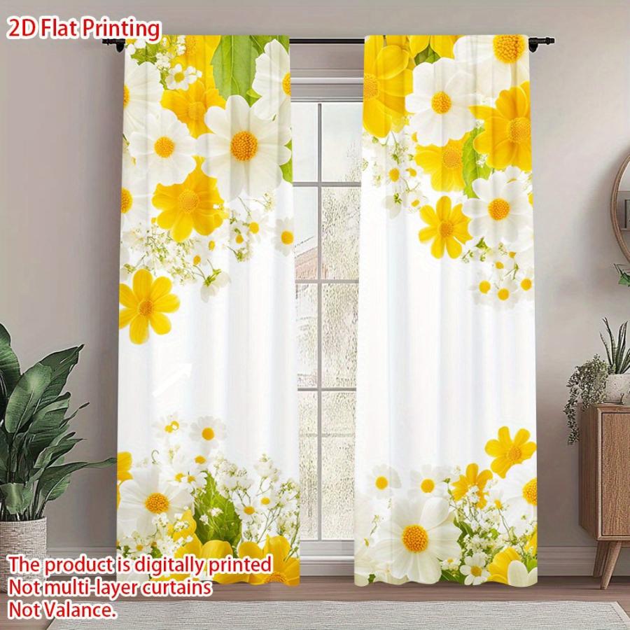 2PCS Digital Printed Curtains, Summer Daisy Floral White Yellow Flowers, Window Curtains for Living Room Bedroom Home Decoration