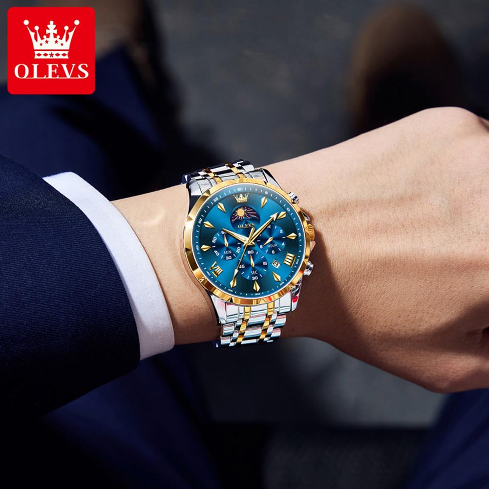 OLEVS Original Chronograph Quartz Watch For Men Moon Phase Stainless Steel Waterproof Man Watch Date Fashion Wrist Watch