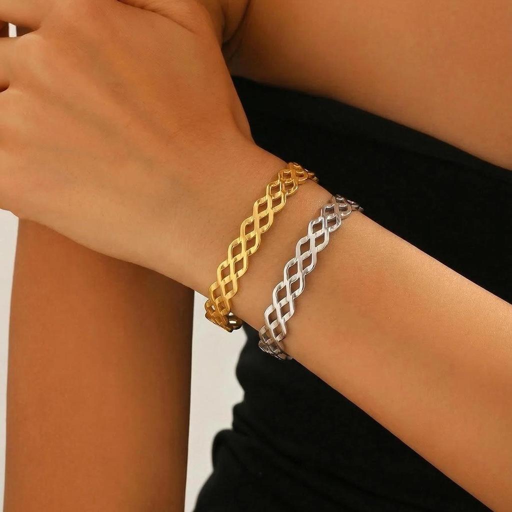 18K Gold-Plated Open Adjustable Stainless Steel Textured Bracelet