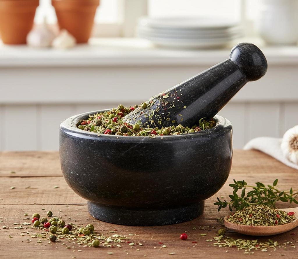 Set mojar și pistil KLEO 5" Diametru Marmură Piatră Naturală pentru Râșniță de Condimente și Pisat Medicamente (Negru)