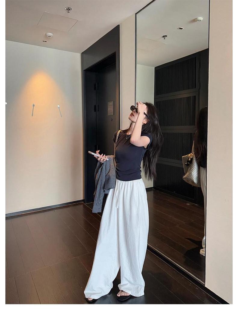 Superniniyy Wrinkled Texture Drawstring Wide-Leg Casual Pants for Women