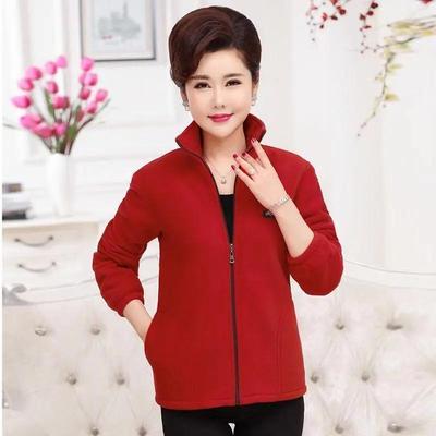 Women's Spring and Autumn Solid Color Fleece Jacket Middle-aged and Elderly Plus Size Cardigan Loose Tops