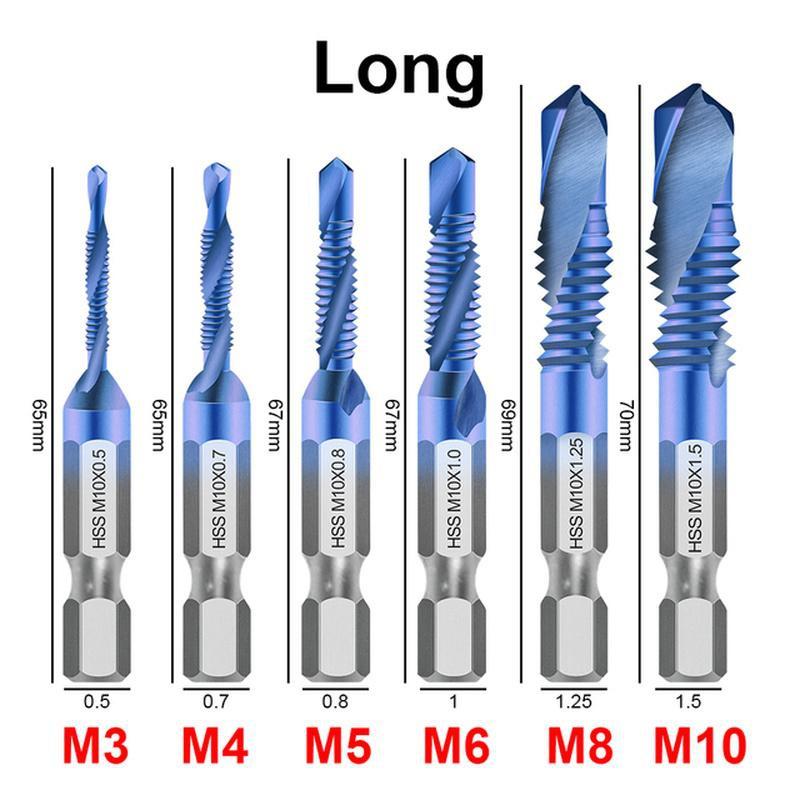 6Pcs HSS Screw Thread Metric Tap Drill Bits Titanium Plated Hex Shank M3 M4 M5 M6 M8 M10 for Hand Tools Screw Machine