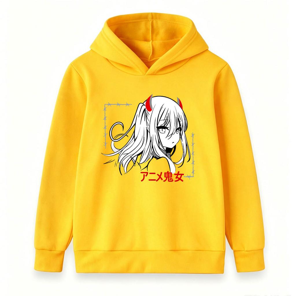 Kids Boys Girls Pullover Hoodie, Anime Demon Girl Horn Printed Casual Long Sleeve Hooded Sweatshirt, Soft Lightweight Streetwear Pullover for Daily We