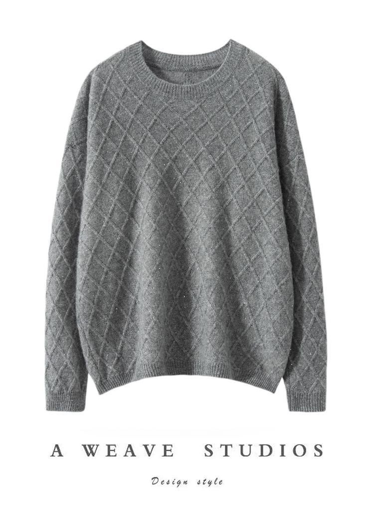 100% Pure Cashmere Women's Sweater - Fashionable, Versatile Autumn/Winter Pullover with Sequin Diamond Pattern