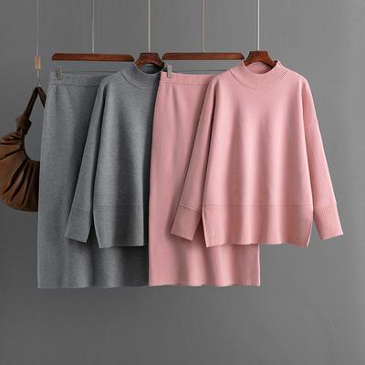 Autunno Inverno Lazy Wind Loose Half High Neck Pullover Maglione Suit Donna Tinta Unita Manica Lunga Maglia Gonna Due Pezzi Set