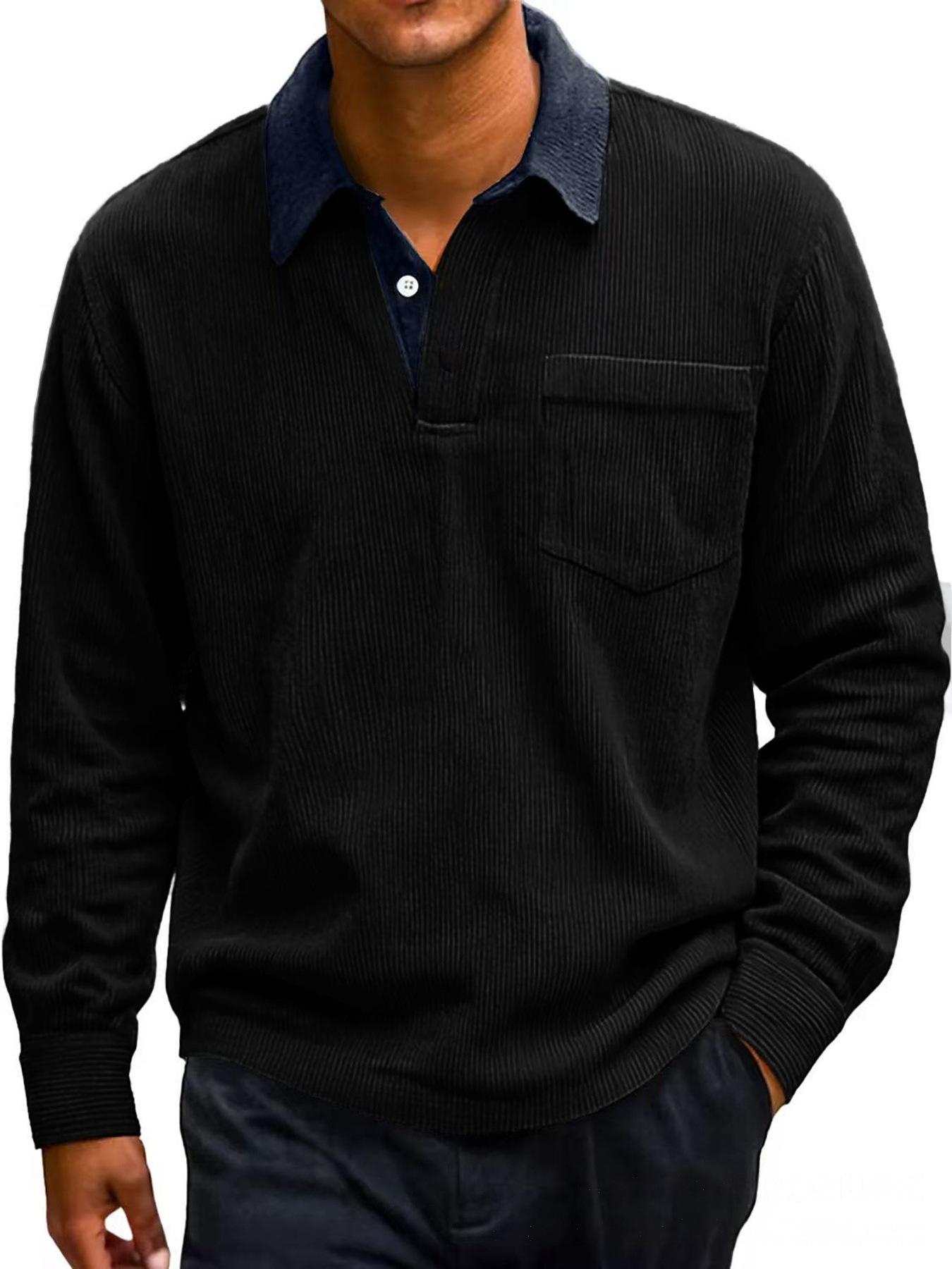 Men S Vintage Corduroy Button Pocket Long Sleeve Casual Polo Shirt S чёрный