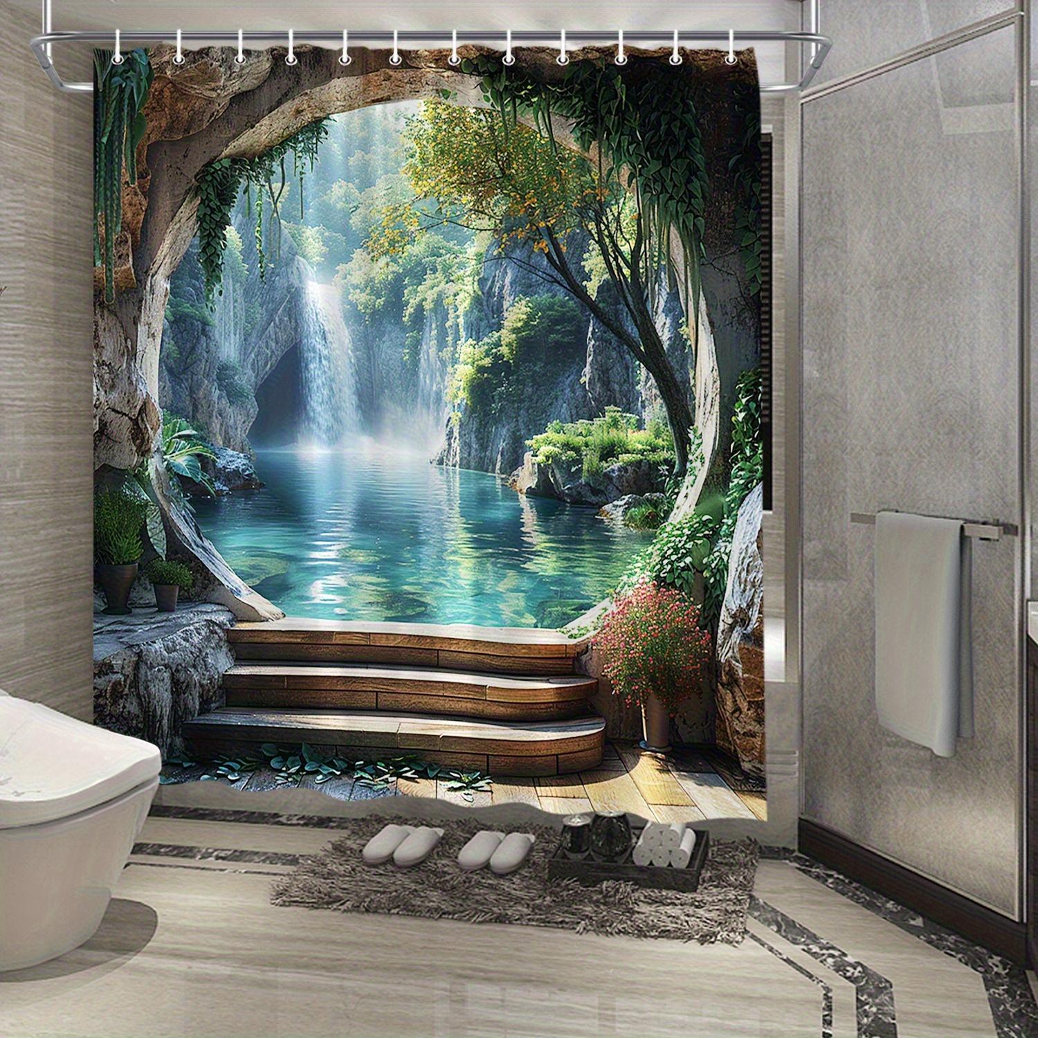 

Tropical Waterfall Shower Curtain Polyester Machine Washable With 12 Hooks For Bathroom Decor W60H190(CM)-1 Pcs