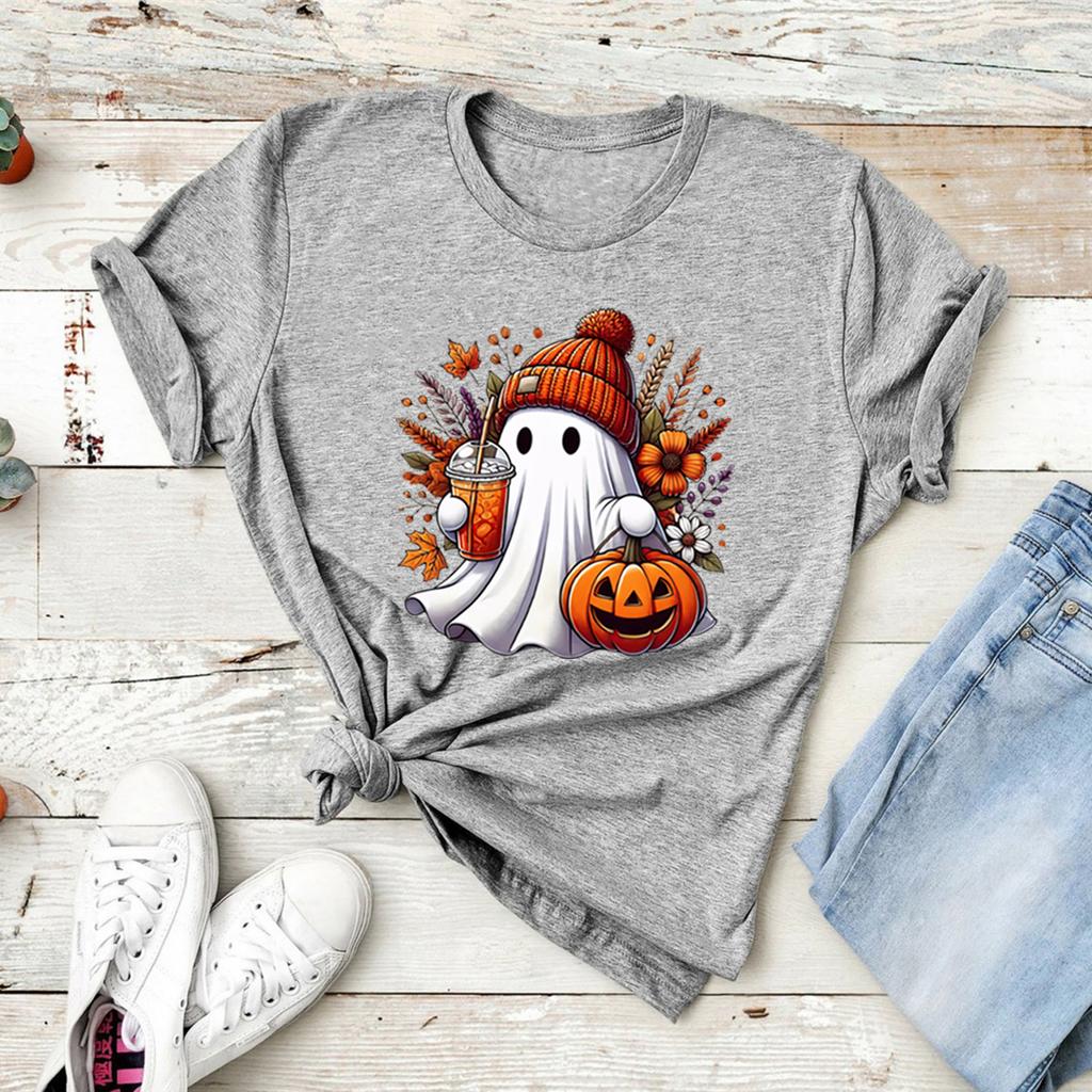 Halloween Cute Ghost T-shirt Halloween Pumpkin Spice Tee Women's Graphic T Shirts Spooky Season T-shirts Trick or Treat Tees