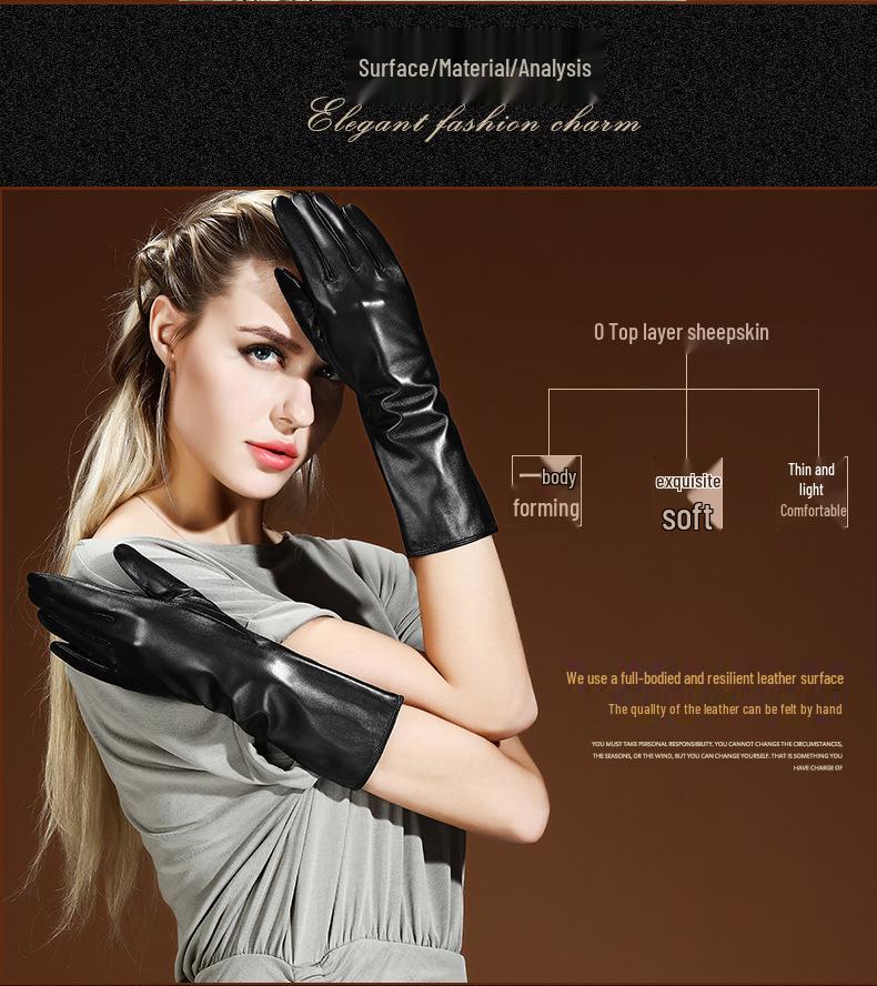 Women's Long Lambskin Gloves - Winter Velvet Warm Touchscreen Arm Cover, Korean Style