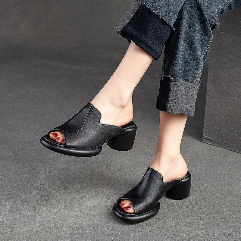 Damen Vintage Peep-Toe Mules - Obermaterial Rindsleder Slip-On Sandalen mit 6cm Blockabsatz, Minimalistische Offene Sommerschuhe