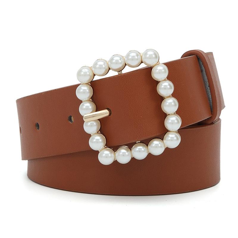 Summer Pearl Buckle Dress Belt Ladies Decorative Jeans Sun Buckle Solid Color Pu Belt Women