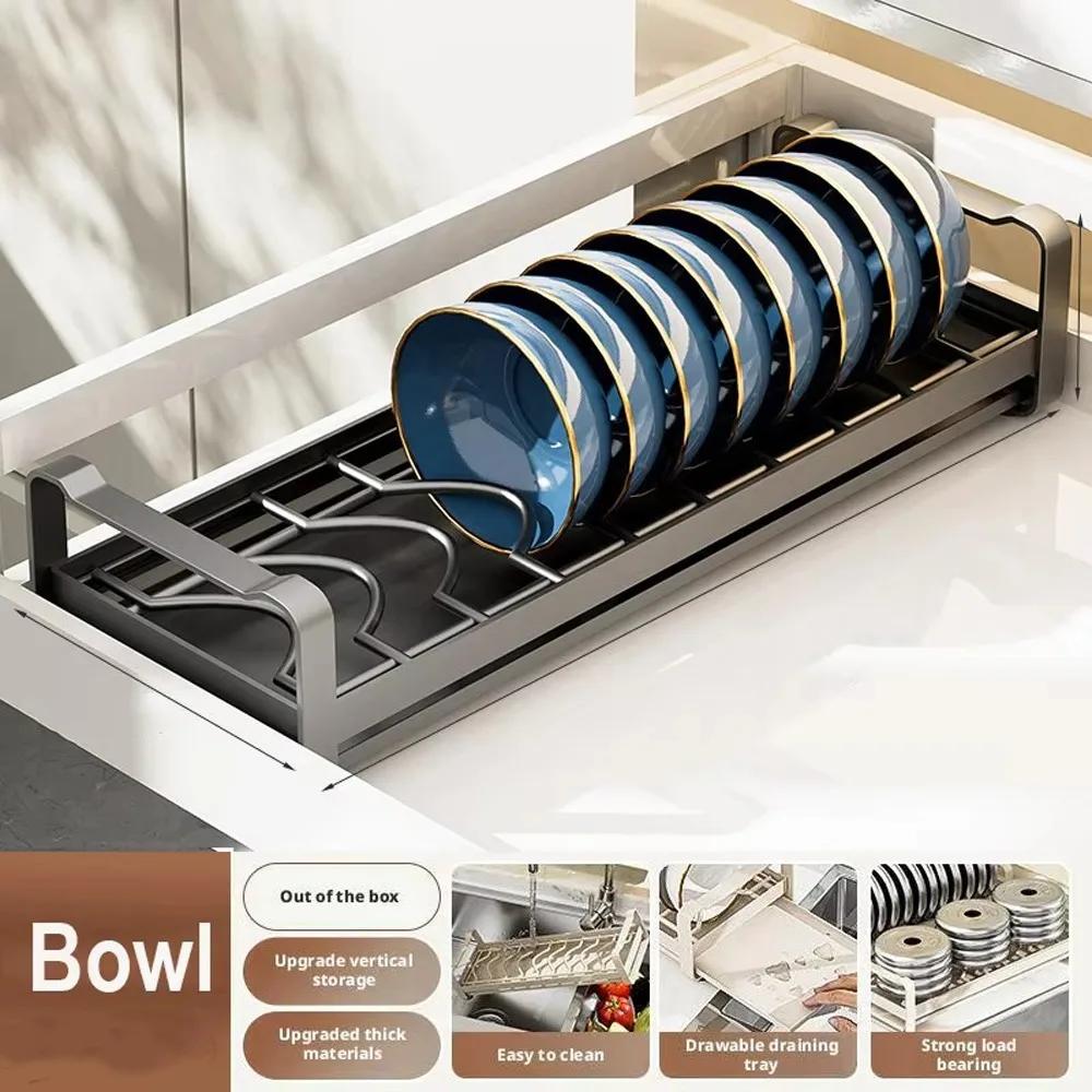 Carbon Steel Pull Out Dish Rack Built-In Space Saving Dish Storage Rack Expandable Practical Kitchen Drawer Rack Household Use