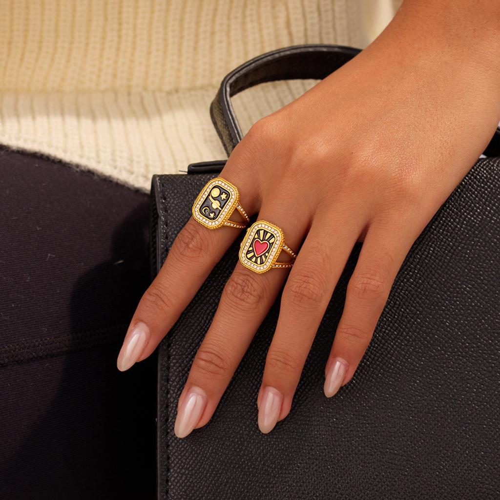 Vintage Rektangel Hjärta Måne Stjärna Emalj Ring för Kvinnor Rostfritt Stål Zirkon 18K Guldpläterad Fingerring Smycke Festgåva