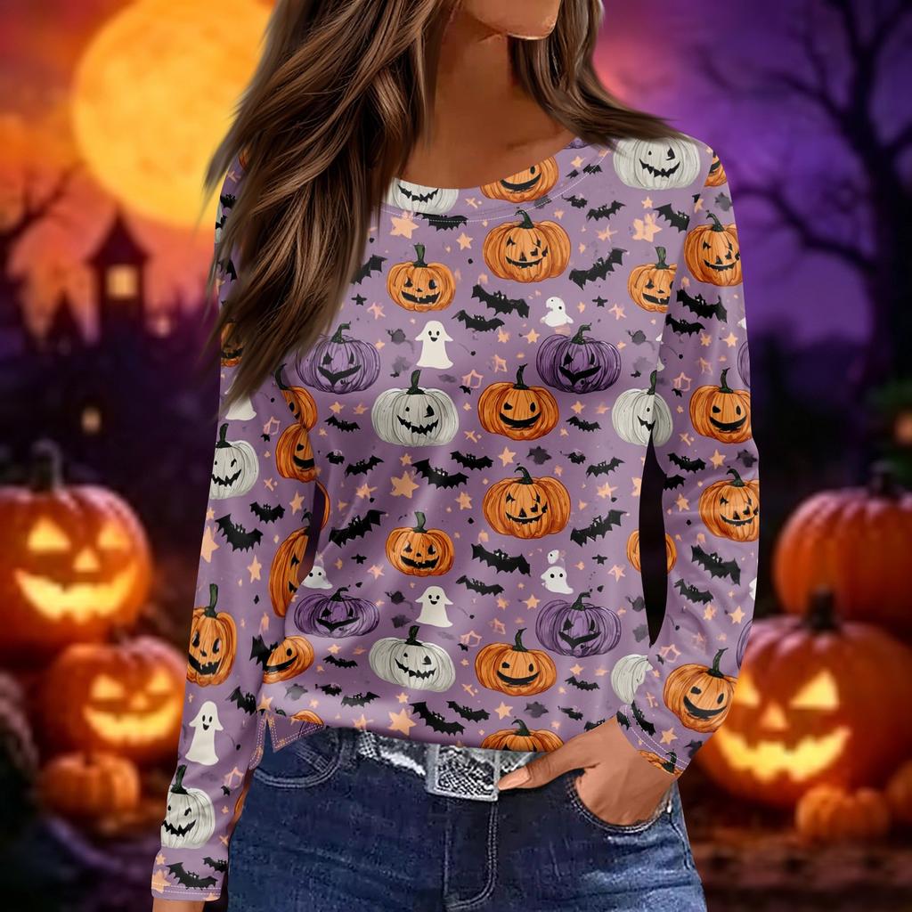 Women's Long Sleeve Halloween Print Top Split Hem Casual Pullover Round Neck Shirt Lightweight Comfortable Fit