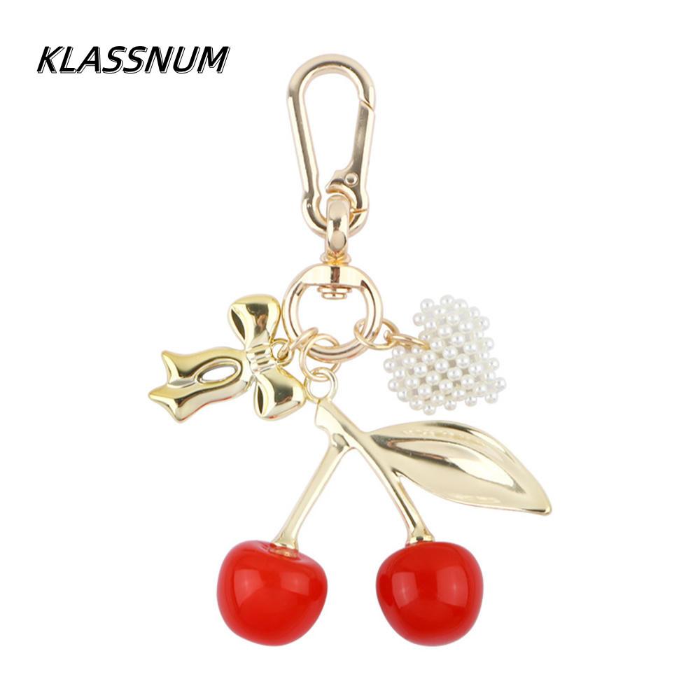Metal Bow Red Cherry Keychain Summer Fruits Cherries Pearl Heart Pendant Keyring For Women Men Jewelry Bag Key Accessories Gift