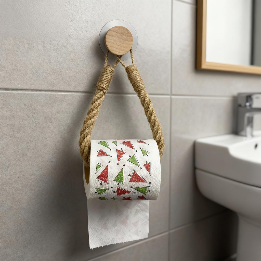 No-Drill Wooden Adhesive Hooks with Jute Rope and Towel Holder for Bathroom
