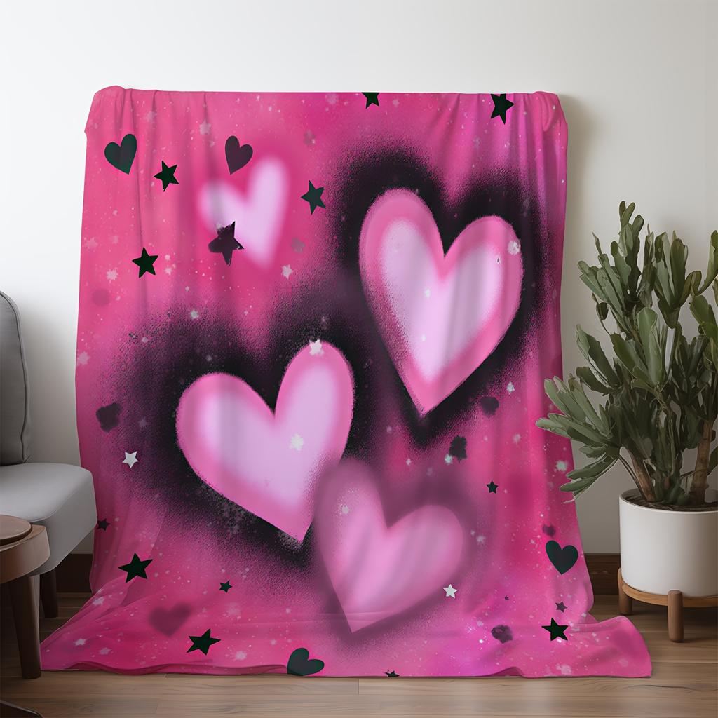 1pc Flannel Blanket - Soft Pink Hearts & Stars Print Throw - All-Season Cozy Warmth for Couch, Bed, Travel, Camping - Luxury Hom