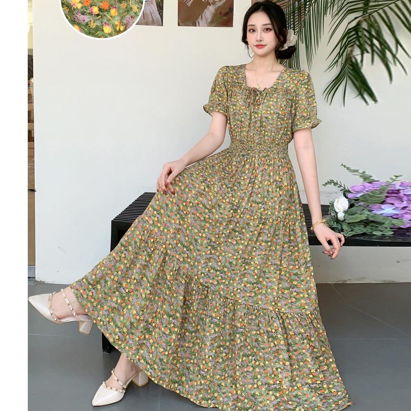 Summer Cotton Silk Floral Print Maxi Dress Bohemian Beachwear High Waist Young Women's Large Skirt Swing Dress