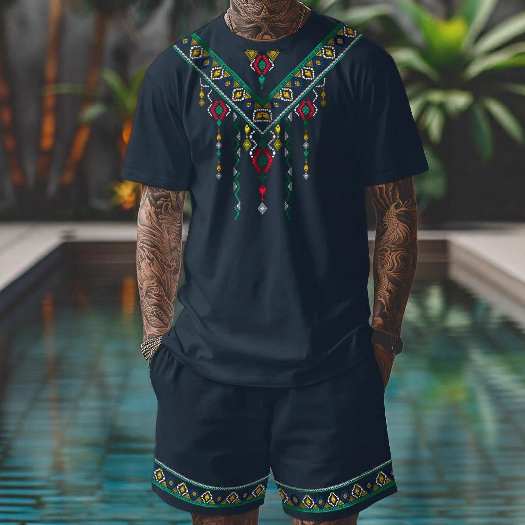 Men s Summer Comfortable Fashionable Retro Pattern Leisure Sports Style Short Sleeved Set Loose Oversized Breathable Sports Wear S
