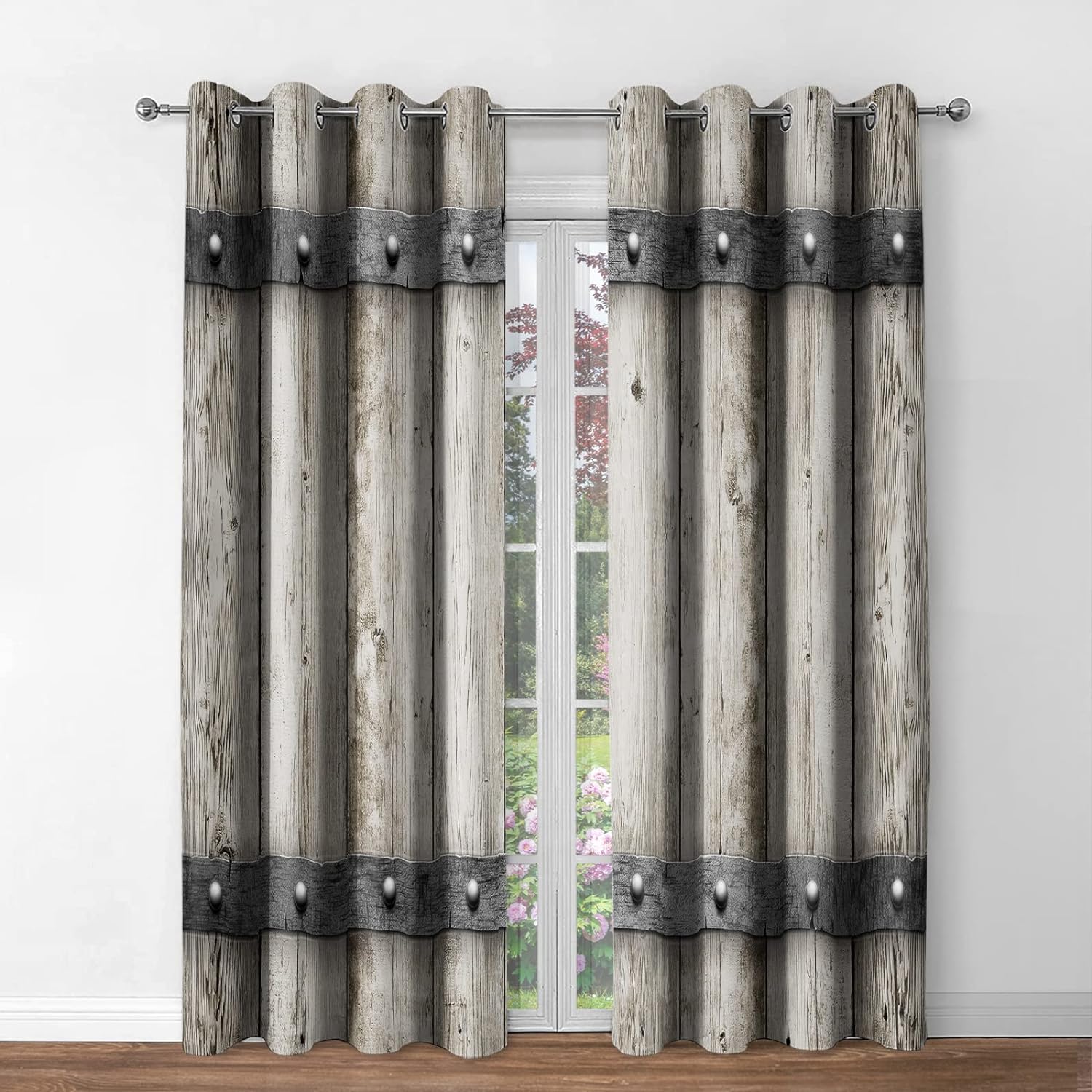 

Imitation Rustic Wooden Doorway Pattern Blackout Drapes Living Space Bedroom Study Sliding Window Home Decor Grommet Top 2x50W130H(CM)&Rod Pocket
