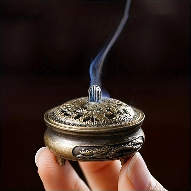 Antique brass pocket incense burner mini hollow incense ornament ancient Chinese tea table decoration dragon and phoenix