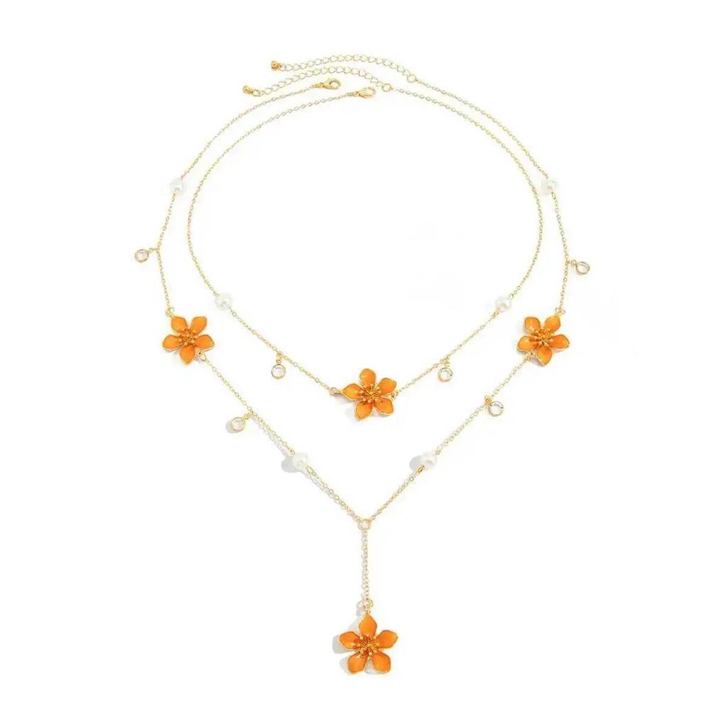 SHIXIN Trendy Boho Colorful OilDrip Small Flower Pendant Necklace Women Exquisite Crystal Imitation Pearl Chain Necklace Jewelry