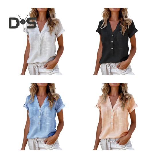 Dámská košile Knoflíky s výstřihem do V Poloviční léga Košile s krátkým rukávem Topy Jednobarevné Nášivka Kapsy Volný střih Letní Neformální košile