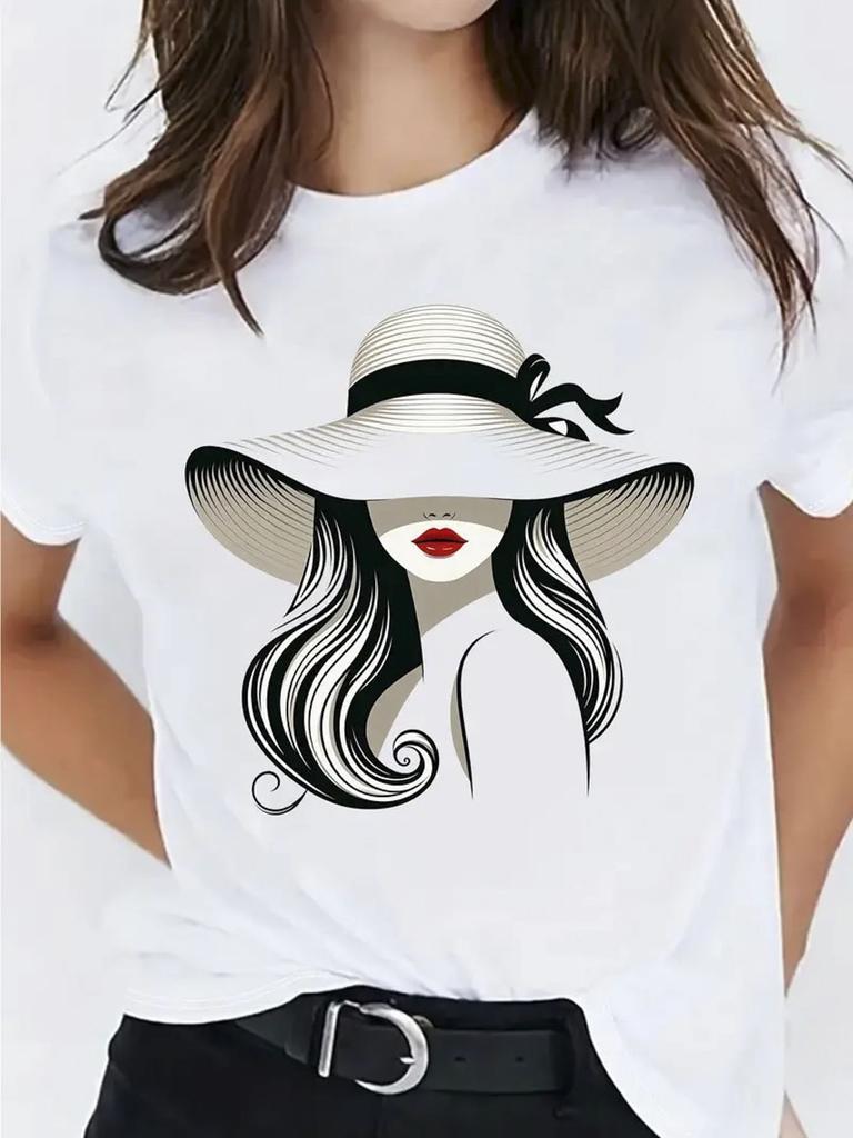 Women's T-Shirt with Stylish Portrait Print  Round Neck Short Sleeve Casual Tee for Outdoor Sports Holiday Gift  Sporty Tshirt