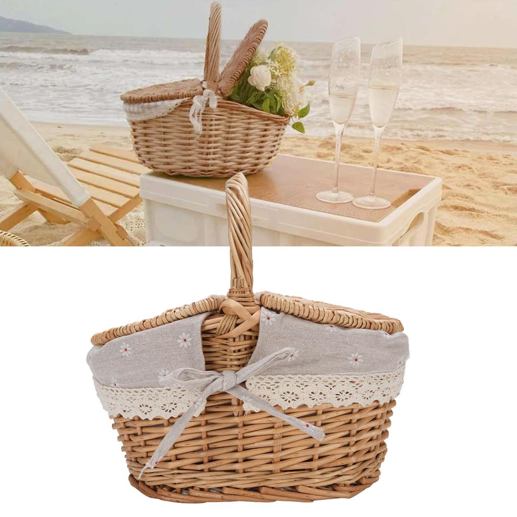 Vocante Picnic Basket with Removable Liner, Empty Picnic Baskets with Lid, Vintage Picnic Basket with Foldable Fabric Handle for Outdoor Picnic Campin