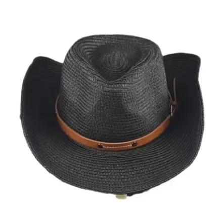 

57-62CM A men s and women s wide-brimmed western cowboy hat stylish jazz hat, summer beach sun hat carrying a windbreak rope 61-62cm чорний