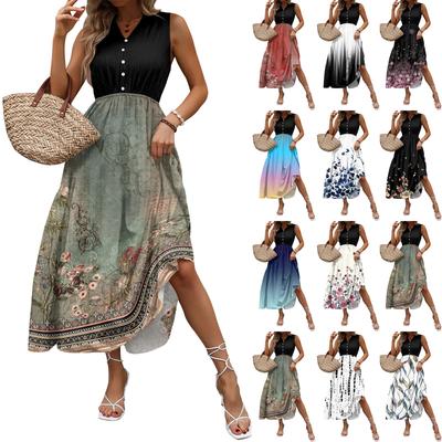 Women's Casual And Fashionable V-neck  Sleeveless Printing Mid Length Dress