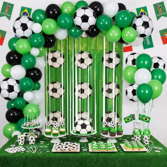 Futbol Partisi Folyo Püsküllü Perde Dekorasyonu 3,28 x 6,56 Ft Yeşil Beyaz Sim Saçaklı Arka Plan Banner Fotoğraf Kabini Aksesuarları Spor Temalı Parti İçin