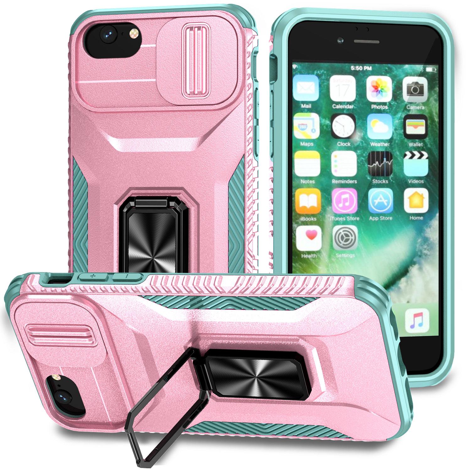 

For iPhone SE (2022)/SE (2020)/8/7/6s/6 Case Camshield Kickstand TPU+PC Anti-Slip Phone Cover Pink+Grey Green