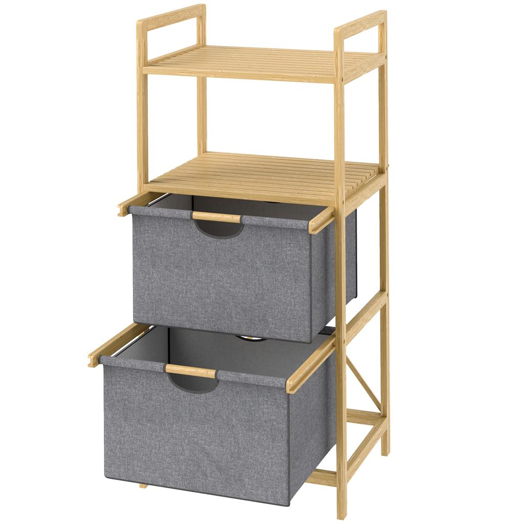 Bamboo Laundry Shelf with 2 Fabric Laundry Baskets, Open Shelves, Space-Saving, Natural Wood