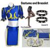 Women's Street Fighter Chun Li Cosplay Costume Game Fighter Chunli Blue Cheongsam with Headdress and Waistband Halloween Costume