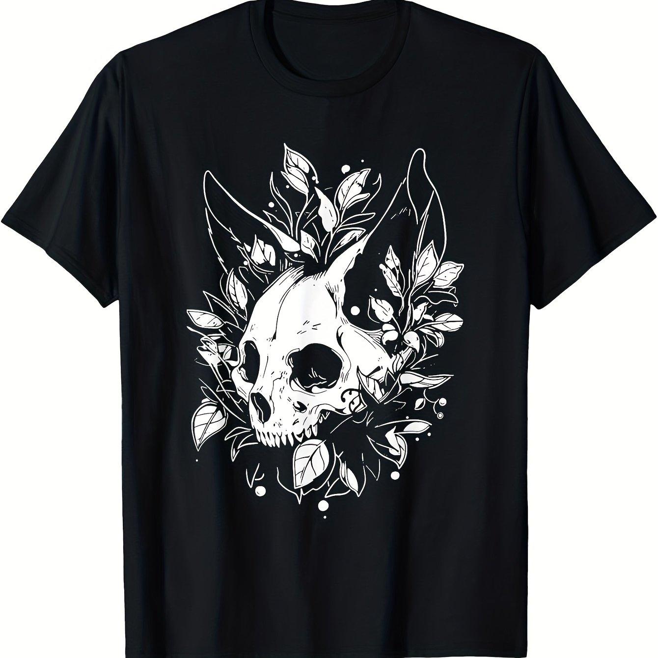 

Cat Skull Floral Graphic Tee Men s Soft Cotton Casual Crew Neck T-Shirt Breathable Short Sleeve 4XL
