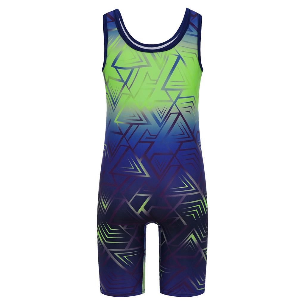 Boys Cycling Workout Bodysuit: U Neck Sleeveless Geometric Print Singlet for Wrestling Exercise Training