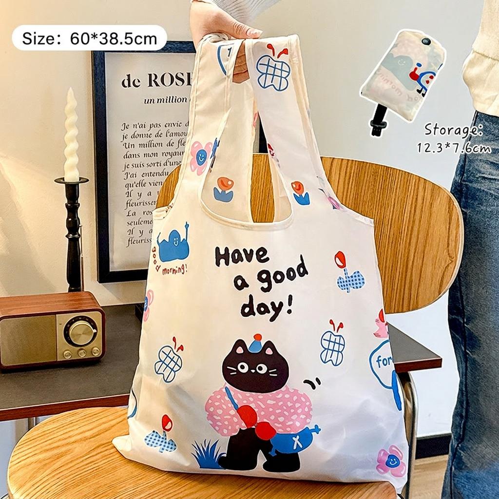 

Large Capacity Foldable Shopping Bag Waterproof Grocery Tote Bag Portable Travel Shoulder Bag Reusable Handbag Pouch L60xW38.5 cm чорний
