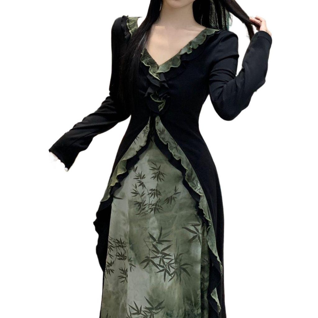 Elegant Gradient Chinese Two-Piece Dress with Slimming Design