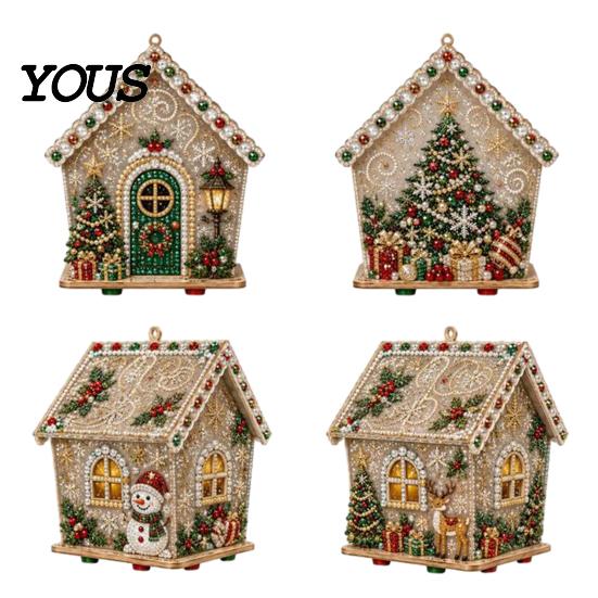 DIY Faux Pearl Bead Craft Set Christmas Art Ornament Kit, Wooden House Snowman Holiday Hanging Decoration Supplies Santa Reindeer Pattern, Handmade