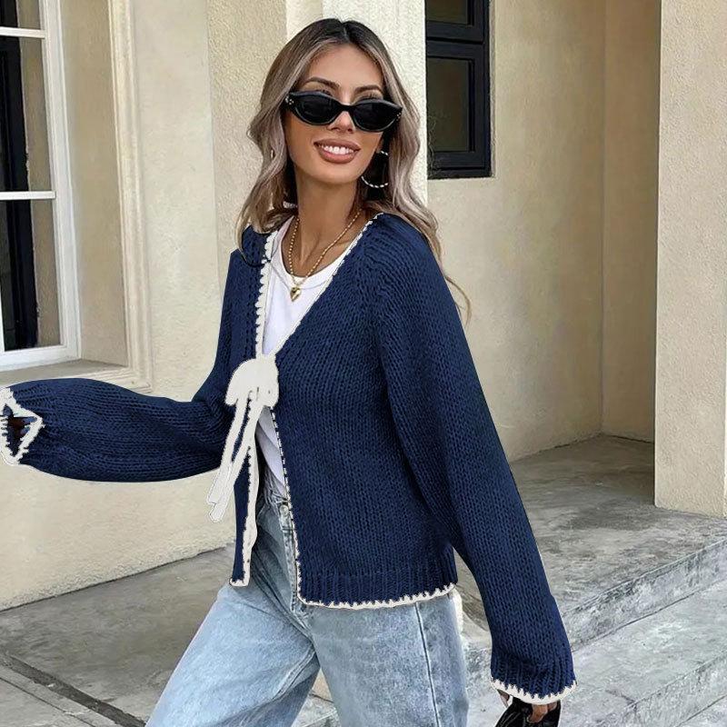 Women Loose Bow Tie Cardigan Sweater Long Sleeve V-neck Knit Top Casual Streetwear Elegant Lace Up Cozy Autumn Outerwears